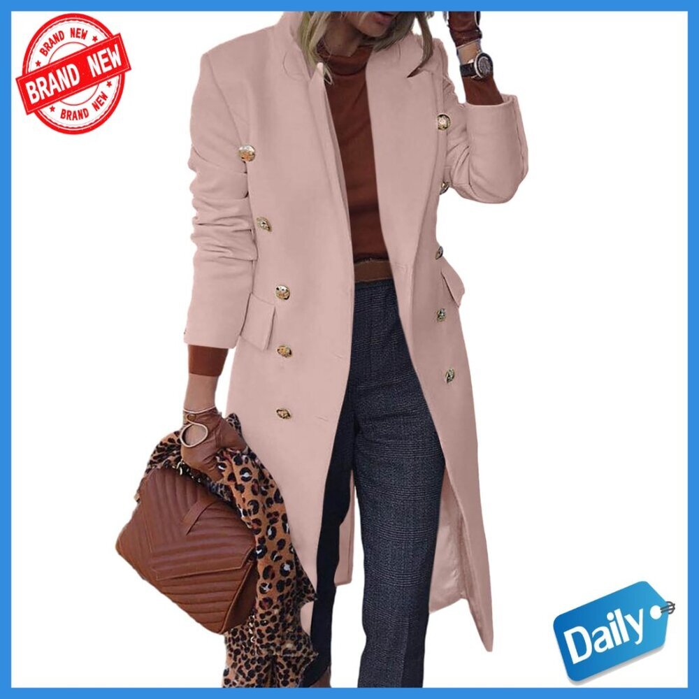 Long Wool Blend Pea Coat Slim Fit Double Button Notched Collar